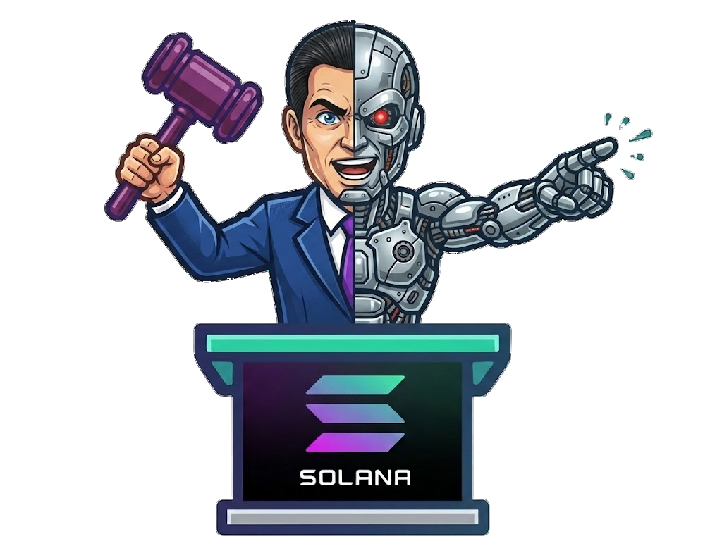 The Paygentic auctioneer — half human, half machine, gavel raised over a Solana podium